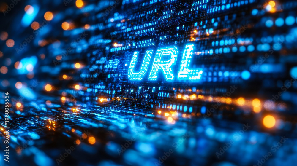 Poster digital matrix with binary code forming url acronym highlighting internet connections