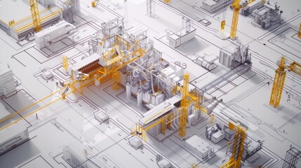 A technical illustration of an industrial facility with cranes and machinery layout.