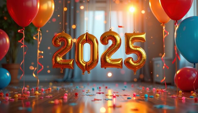 Festive party balloons and streamers filling the room to celebrate the arrival of a joyful New Year 2025