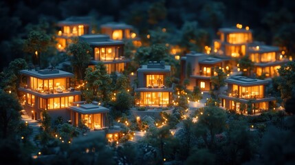 Obraz premium A serene nighttime scene of illuminated modern houses in nature.