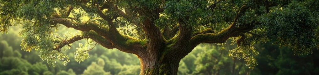 Majestic tree standing in a lush, green forest with vibrant foliage.