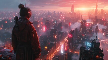 Fototapeta premium Girl is observing a Futuristic city skyline at dusk, with intricate skyscrapers, flyovers, and vibrant neon lights.