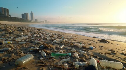 Plastic bottles and debris litter a sandy beach, a stark reminder of pollution's impact on our environment.