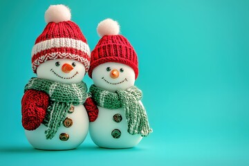 Cheerful snowmen with hats contrast vibrant blue background