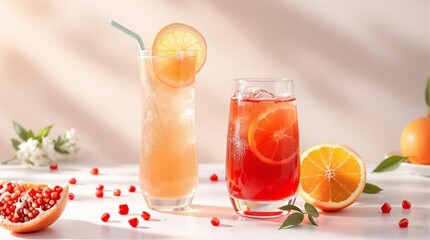 Refreshing citrus beverages with orange and pomegranate garnish on a sunny day