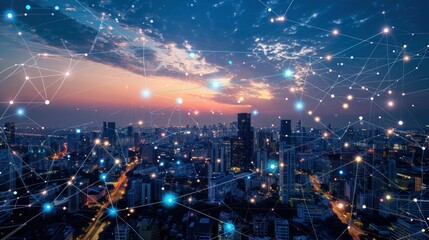 A city skyline at sunset, overlaid with digital network connections and glowing nodes.