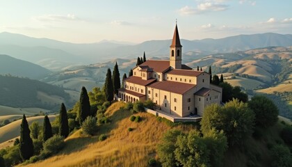  Elevated view of a serene countryside church