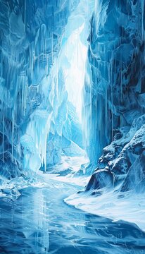 A stunning 3d stereoscopic painting of a tranquil ice cave with towering azure ice walls