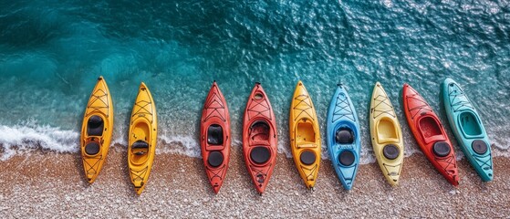 Brightly colored kayaks rest on the sandy shore, inviting enthusiasts to explore the sparkling waters on a clear, sunny day