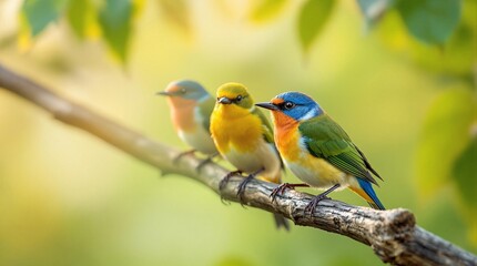Obraz premium Vibrant birds perched on branch in lush forest setting