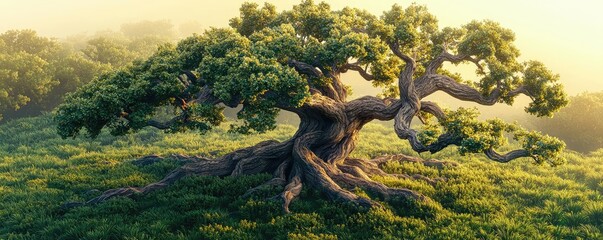 Obraz premium Majestic tree with lush green foliage against a scenic landscape.