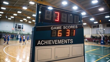 Indoor basketball game with digital scoreboard in action