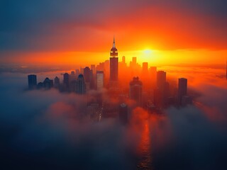 Obraz premium Misty sunset reveals vibrant skyline