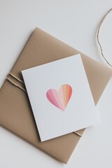 A card with a heart on it is sitting on top of a brown envelope. The card is decorated with a rainbow and has a pink and orange heart