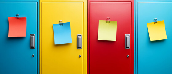 Brightly colored lockers are arranged in a school hallway, each featuring sticky notes in various colors attached to the front, creating an inviting atmosphere