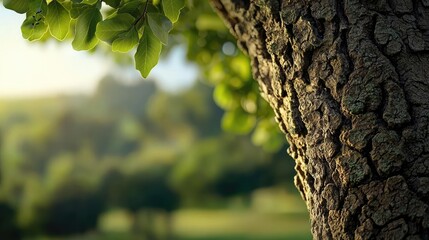 Obraz premium Close-up of a tree trunk with lush green leaves in soft natural light.
