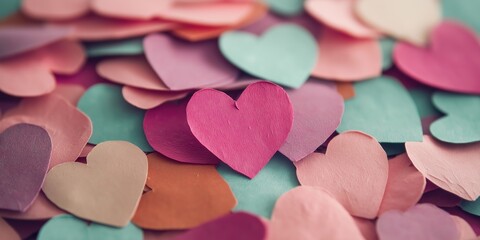 Obraz premium A bunch of hearts are scattered on a surface, with one heart in the middle. Concept of love and affection, as the hearts are arranged in a way that they seem to be hugging each other
