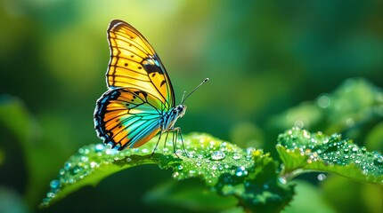 Obraz premium Vibrant butterfly resting on dew-kissed leaf in sunlit garden