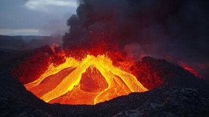 Fototapeta premium Volcanic eruption with lava flow, dramatic landscape with smoke and ash.