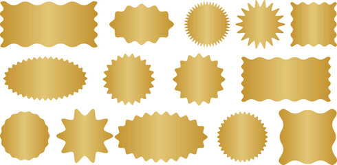 Gold retro badge stickers, vector shape set, metallic gradient golden label design collection