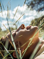Peaceful woman relaxing in nature among tall grasses under blue sky