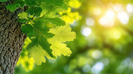 Fototapeta premium Green leaves on a tree, glowing in soft sunlight, nature's refreshing beauty.