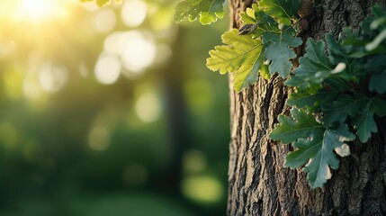 Close-up of tree bark with green leaves, natural background, soft lighting.