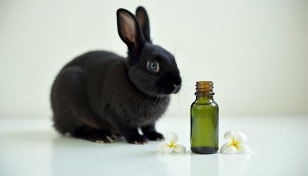 Black rabbit sitting next to green essential oil bottle and white flowers on bright background
