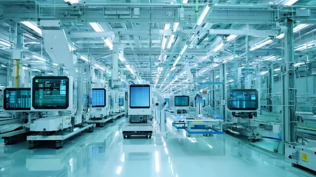 Advanced Robots Transport Wafers in Semiconductor Production Cleanroom Generative AI