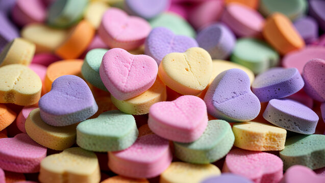 Pile of candy hearts in various colors