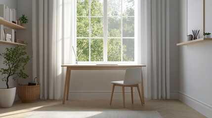 A minimalist writing desk with clean lines, set in a light-filled home office