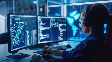 Innovative Cybersecurity Operator Analyzing Data in High-Tech Environment