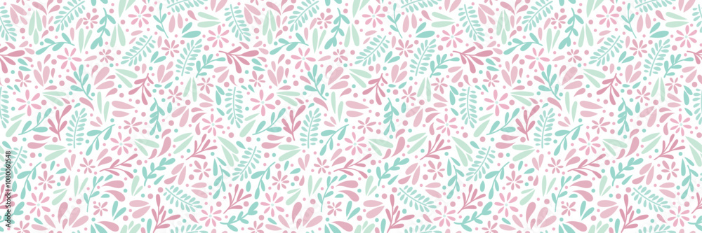 Poster ditsy spring floral print vector banner, seamless repeating flower pattern, cute bright pastel horiz