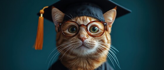 Fototapeta premium Cat in graduation cap and sunglasses, blue backdrop, celebratory and academic tone