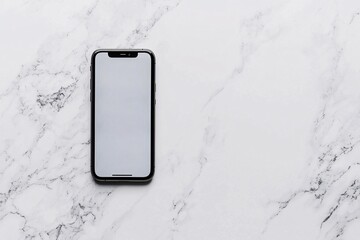 Modern smartphone screen showing a social media app, on a marble surface with soft lighting and ample copyspace