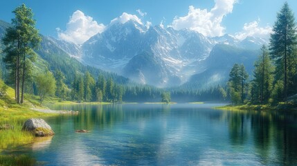 Fototapeta premium Serene mountain landscape with a tranquil lake and lush greenery.