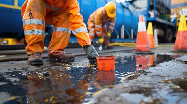 Workers in High-Visibility Gear Clean Up Oil Spill at Construction Site