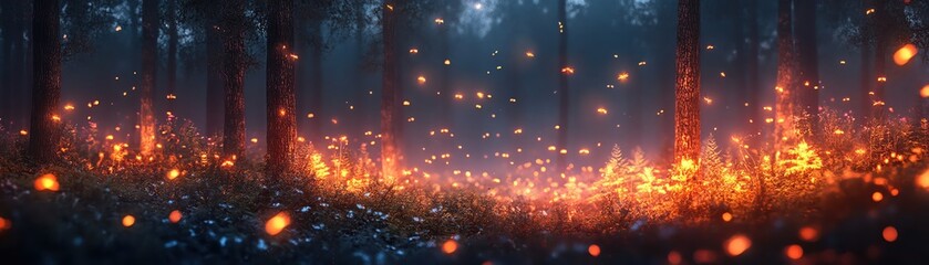 Fototapeta premium Fireflies with bioluminescent neon lights, digital forest, twilight gleam