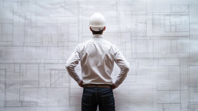 A construction manager analyzes blueprints while standing in front of detailed architectural plans at a project site during daylight hours