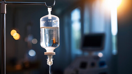 An intravenous drip with a solution hangs on a stand.