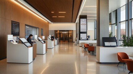 A modern bank branch interior with sleek design, digital kiosks, and a teller assisting a customer at the counter 