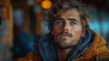 Fototapeta premium A young man with striking blue eyes gazes thoughtfully while dressed warmly in a cozy setting during a chilly evening