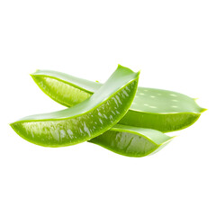 Fresh aloe vera slices with vibrant green color on white background, natural skincare concept