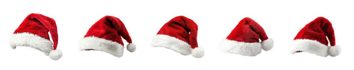 Set of Santa hats PNG files, featuring classic red and white designs, ideal for holiday graphics, digital art, and Christmas-themed decorations.