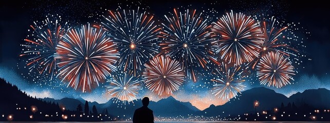 Silhouette of a family watching colorful fireworks over a calm lake at night.