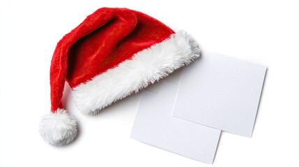 Red Santa Hat with White Fur Trim and Blank Paper Cards