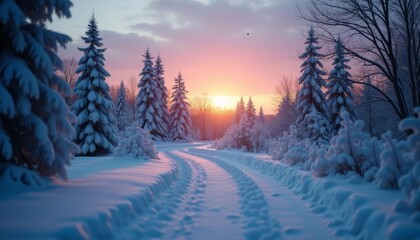  Snowy path leading to a winter sunset