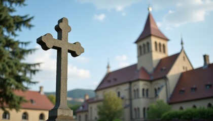 Naklejka premium Elegant Gothic architecture with a towering cross