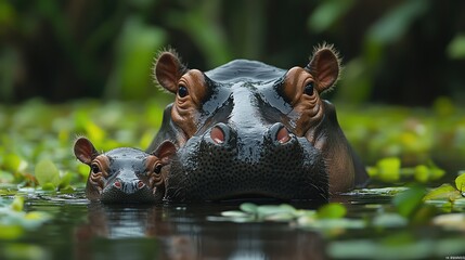 Fototapeta premium Hippo with baby, swampy waters, lush green surroundings