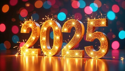 Glittering Happy New Year 2025 text shining with sparkles and festive lights on a colorful celebratory background.